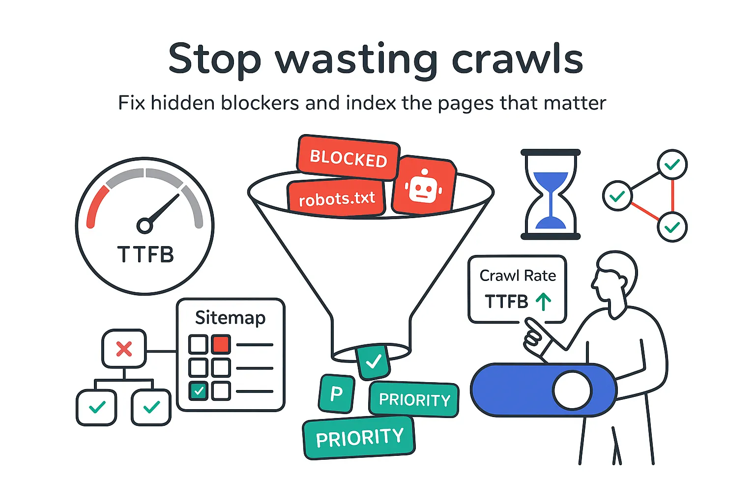 Crawl budget funnel showing blocked robots txt tiles sitemap TTFB gauge and toggle prioritizing pages
