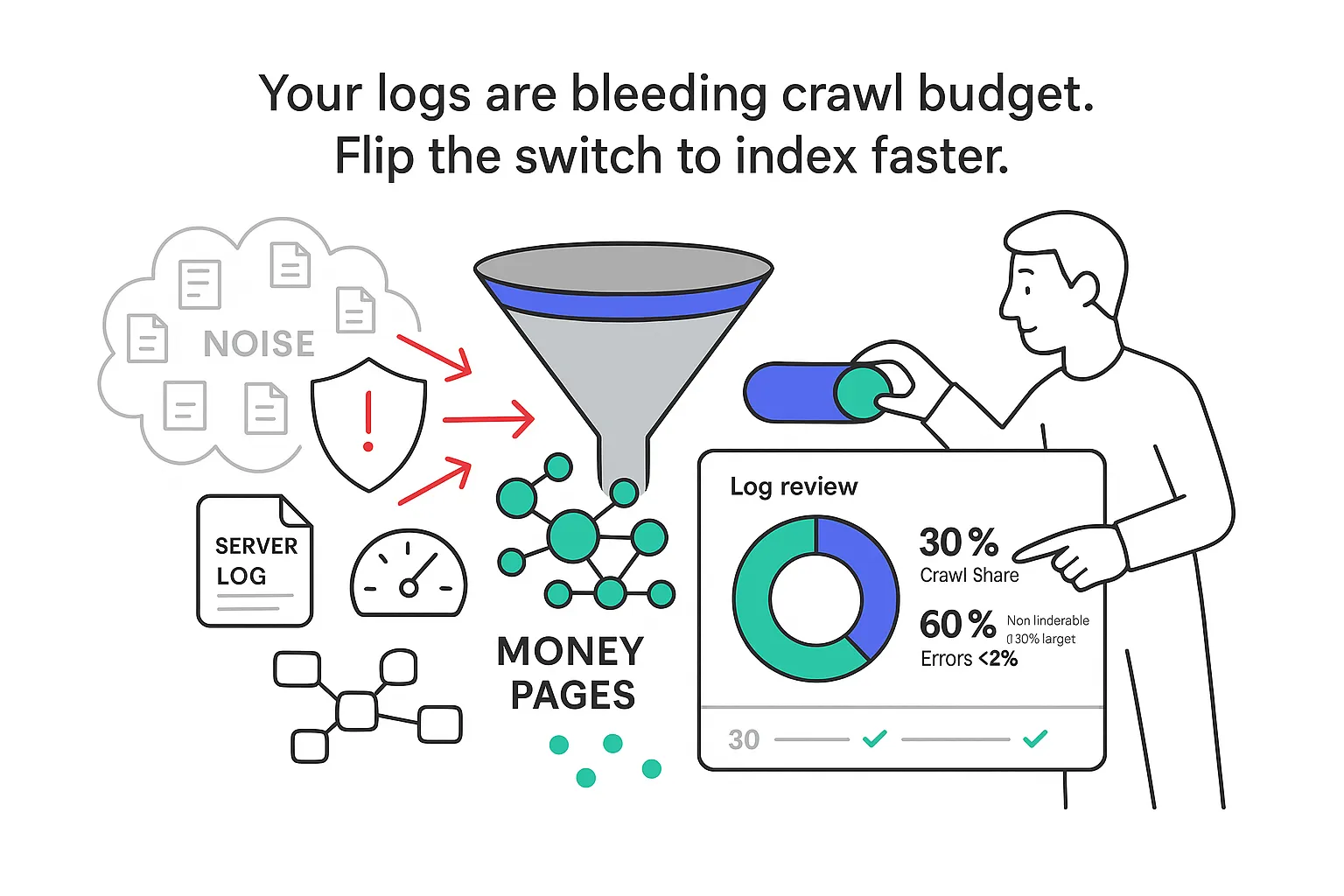 Minimalist illustration of crawl budget funnel feeding money pages with toggle control donut chart shield