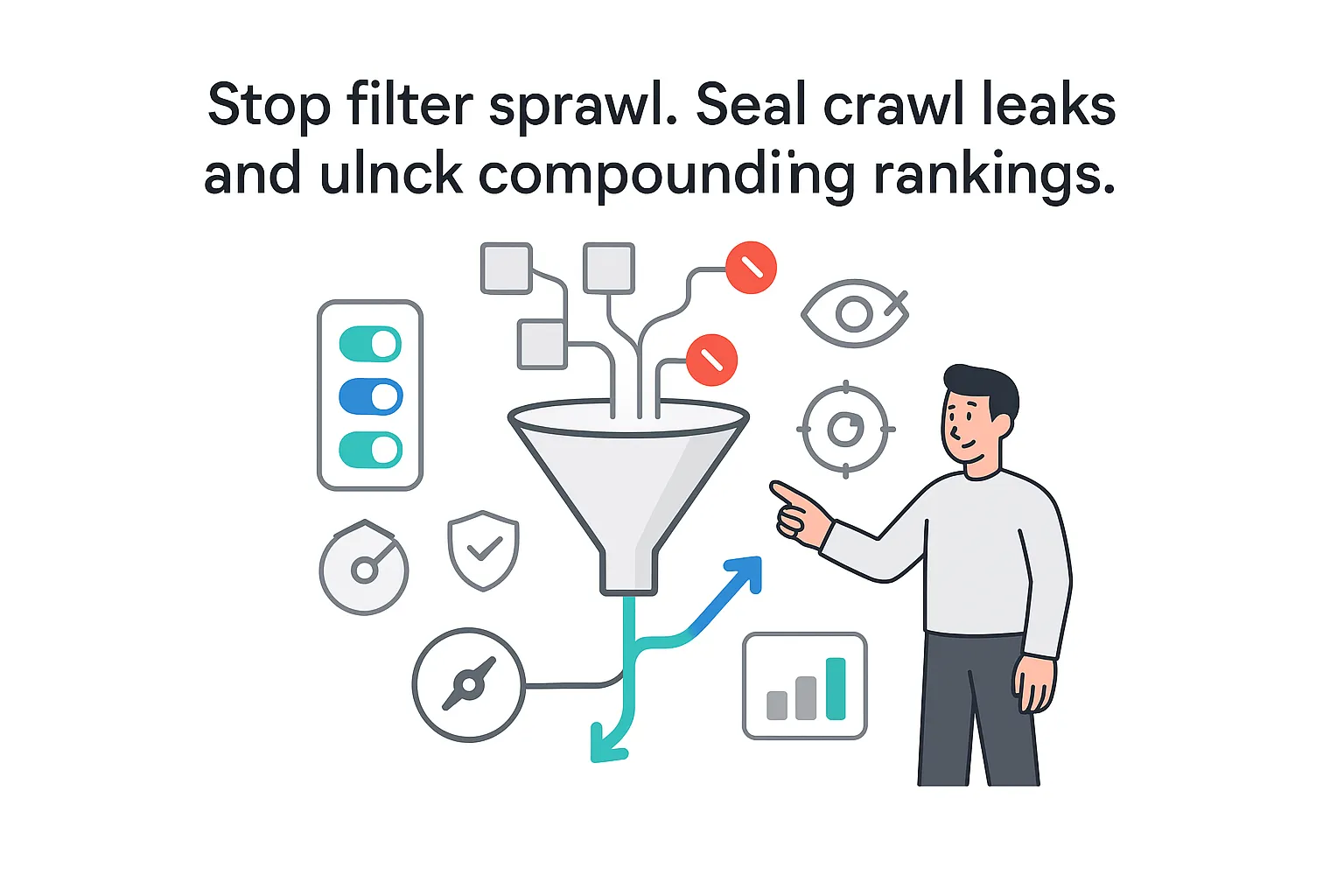 Minimalist SEO funnel illustration addressing filter sprawl crawl leaks and consolidated ranking path