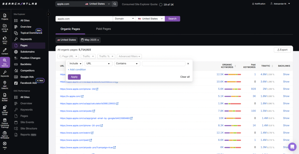 Search Atlas site audit page explorer page filters