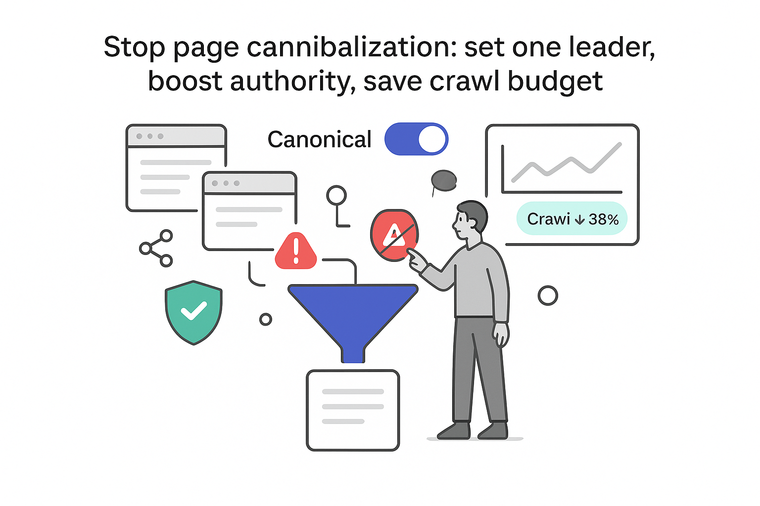 Minimalist tech illustration stopping page cannibalization canonical toggle funnel consolidating pages with crawl 38 percent