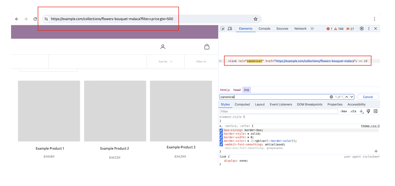 Example of a rel=canonical tag in HTML