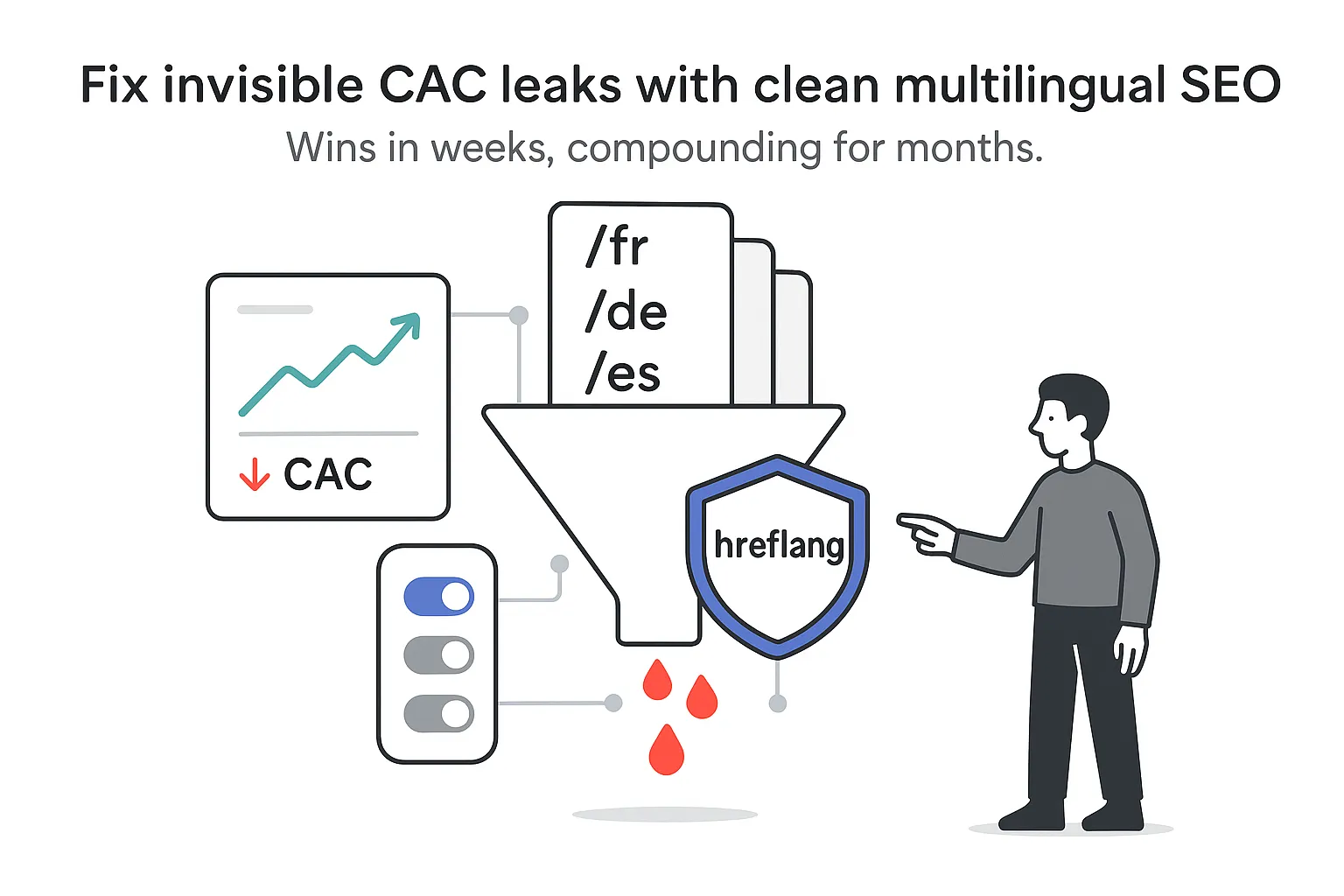 Minimalist conversion funnel patched by hreflang protecting against invisible CAC leaks multilingual SEO