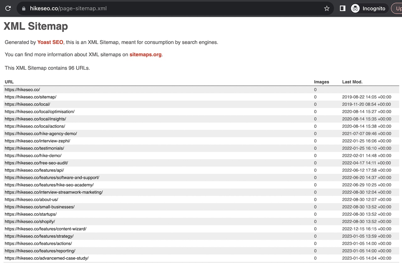 Example XML sitemap structure listing canonical URLs
