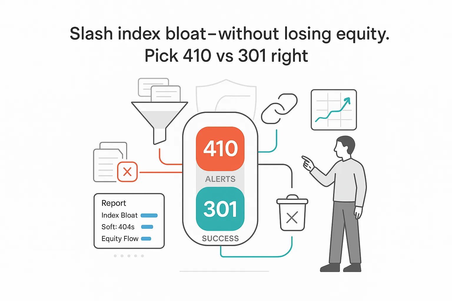 Minimalist illustration of funnel 410 301 toggle handling index bloat removal and equity preservation