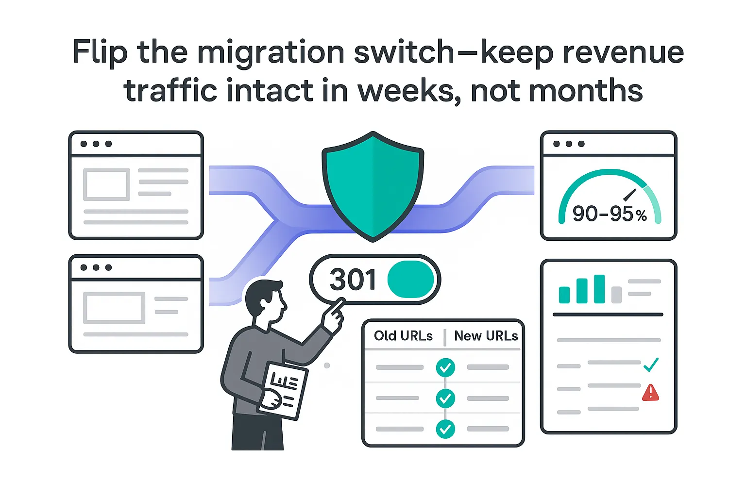 Minimalist site migration illustration with 301 protected redirects mapping grid 90 to 95 percent retention