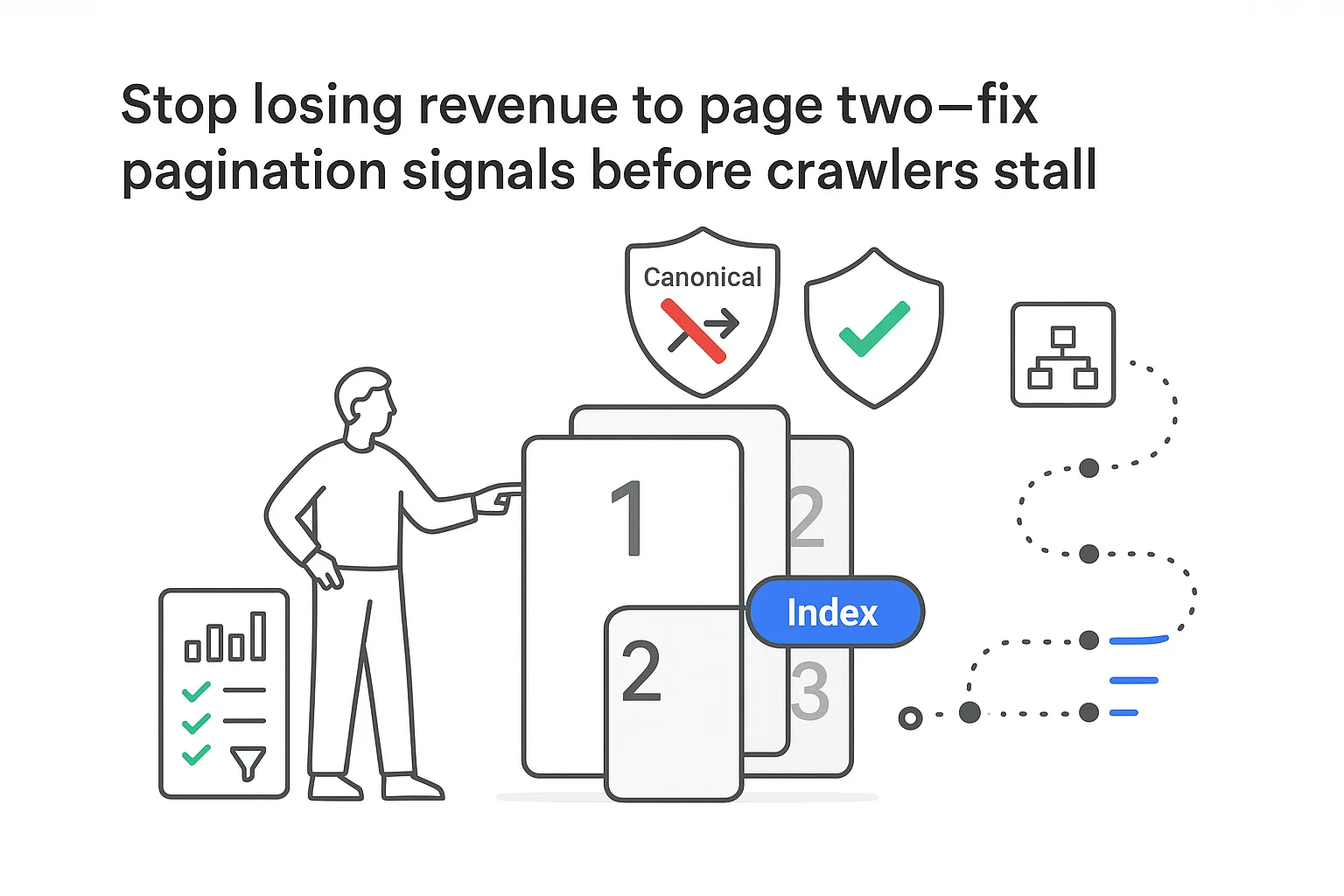 Pagination signals page cards index toggle canonical shields sitemap crawl path analytics panel person pointing