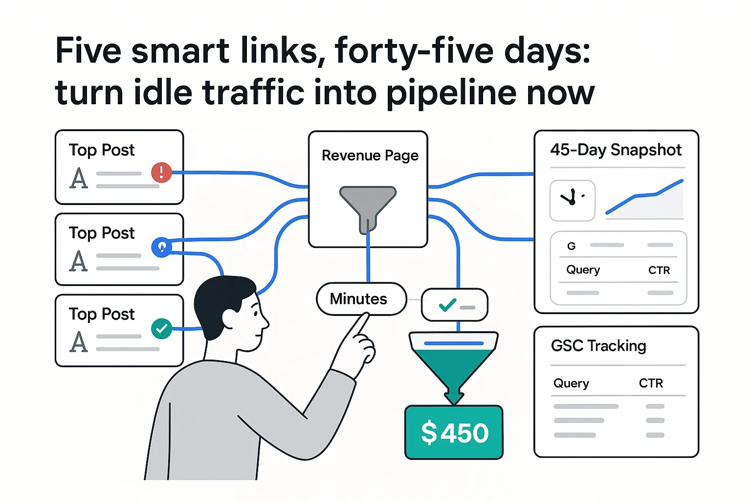 Minimalist illustration five internal links funnel turning idle traffic into revenue in 45 days