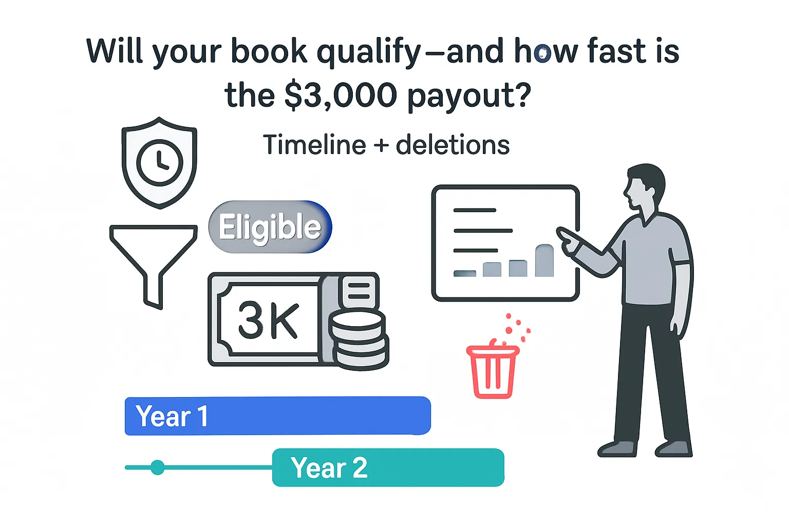 Minimalist tech illustration funnel eligible toggle feeding 3000 payout timeline deletion report panel shield clock