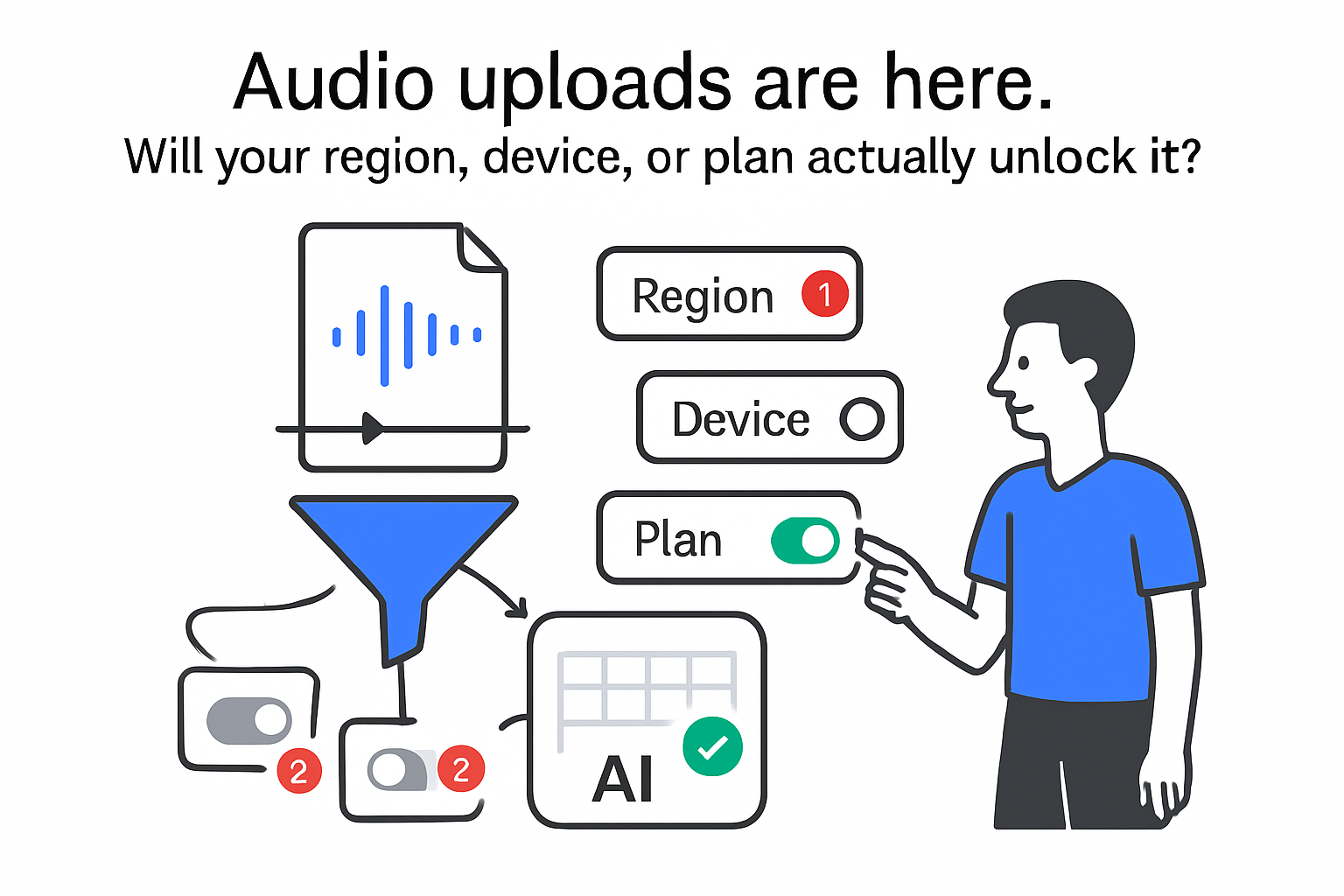 Audio upload into funnel feeding AI panel with Region Device Plan toggles and person pointing