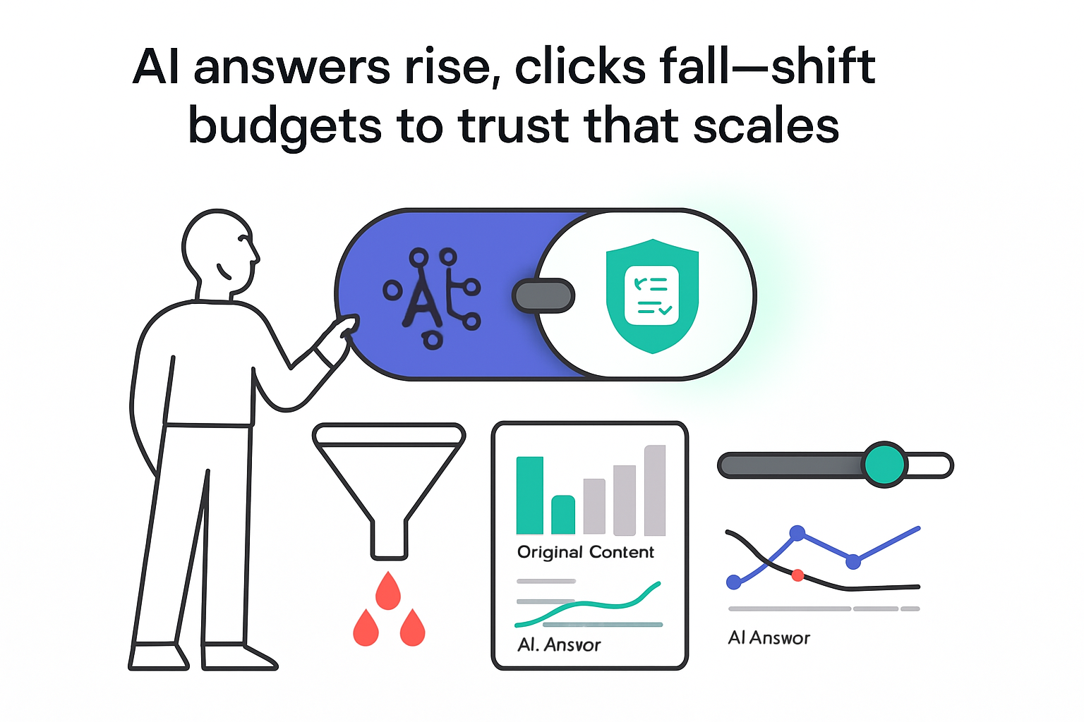 Minimalist tech illustration white background AI EEAT toggle shield funnel report budget slider person pointing