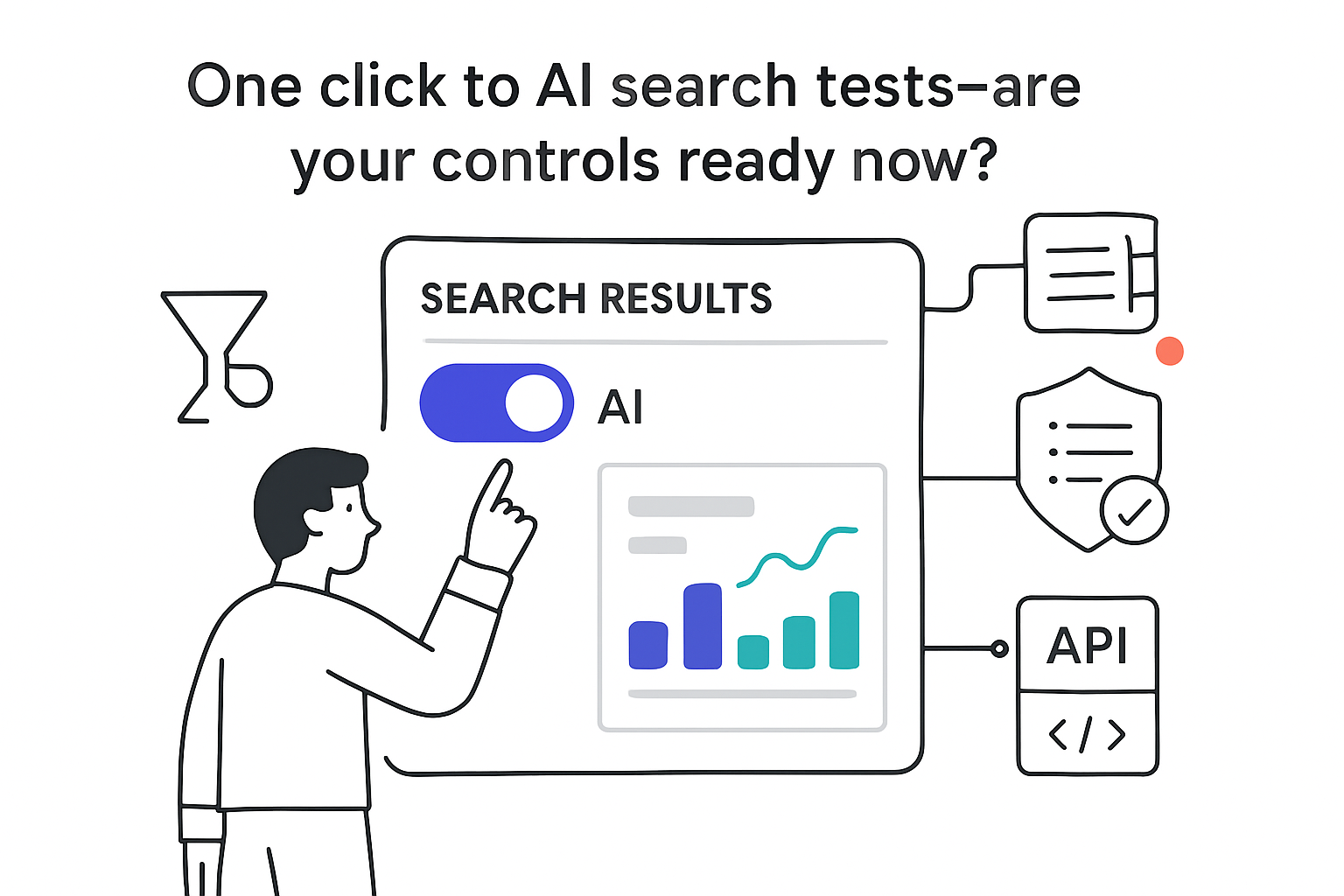 Minimalist illustration of AI search tests panel person toggling AI viewing report card