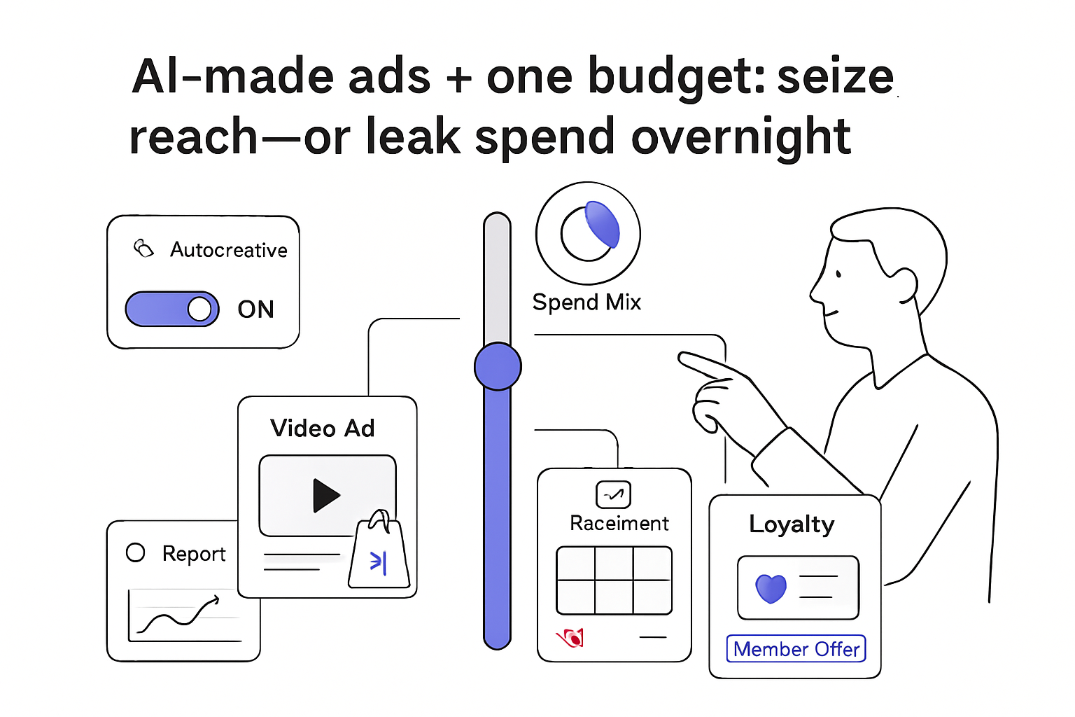 Minimalist illustration of total budget slider connecting video ad shop placement loyalty panels person pointing