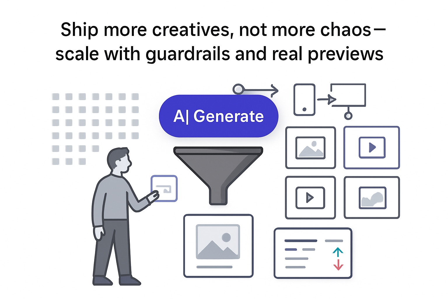 Minimalist tech illustration white background AI toggle funnel transforming tiles into guarded media previews