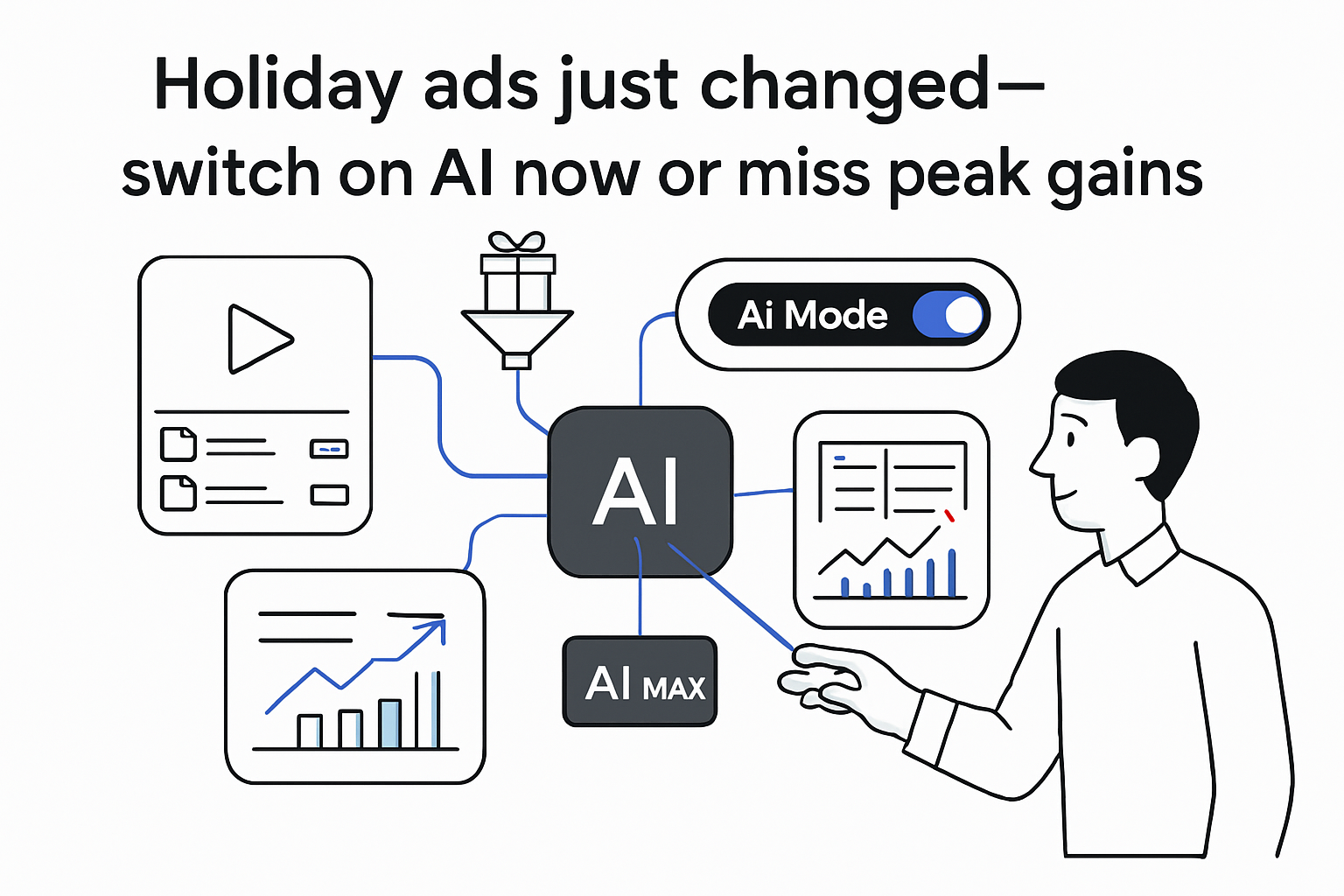 Minimalist AI node with AI Mode toggle connecting shoppable video and merchant insights panels