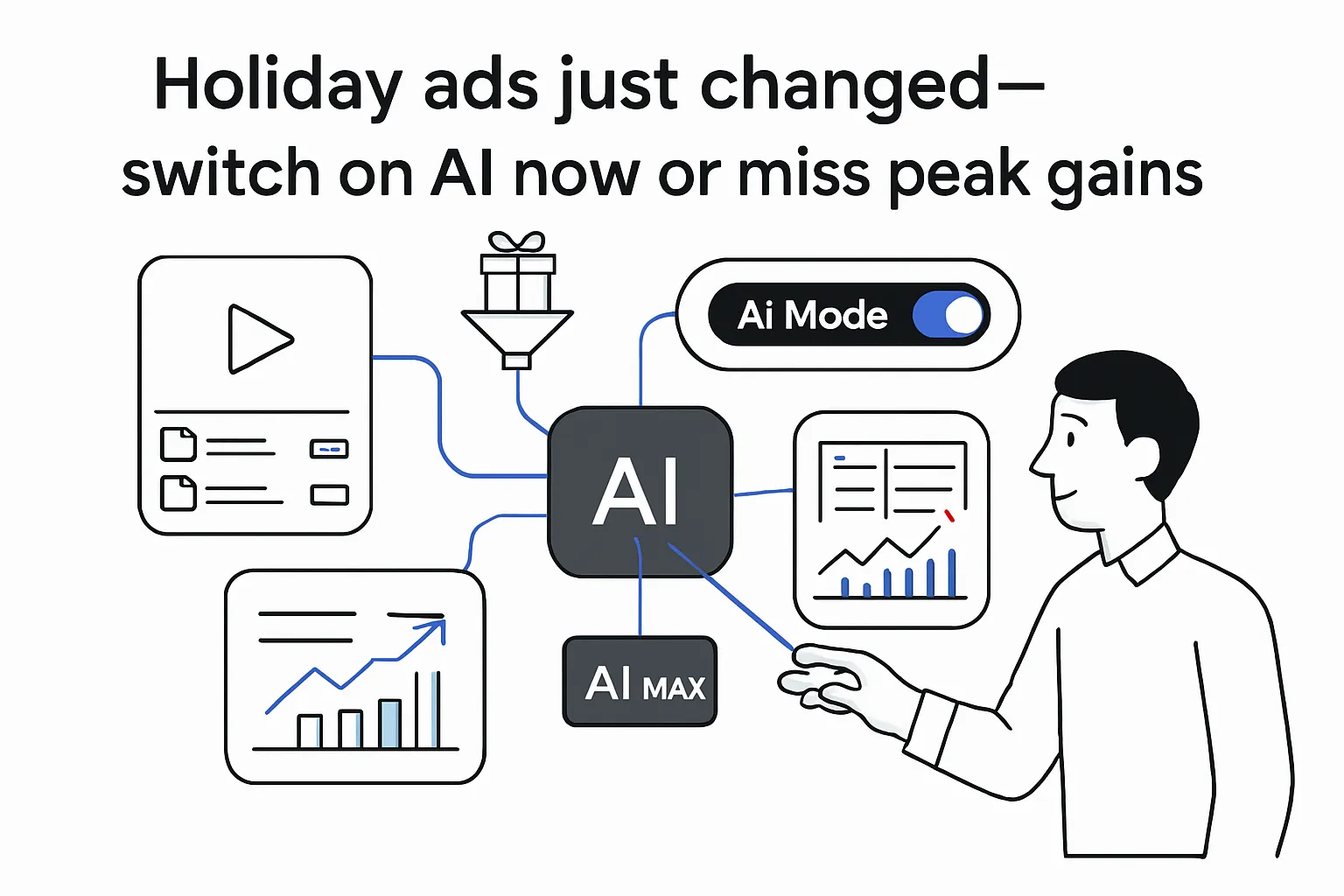 Minimalist AI node with AI Mode toggle connecting shoppable video and merchant insights panels