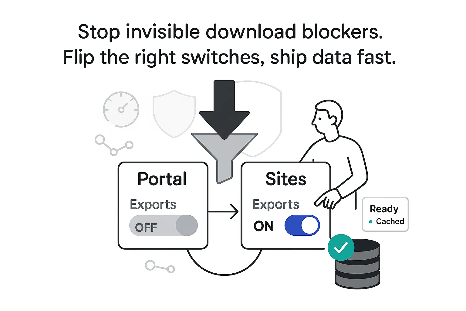 Minimal tech illustration of download funnel to Portal and Sites panels exports toggle caching success