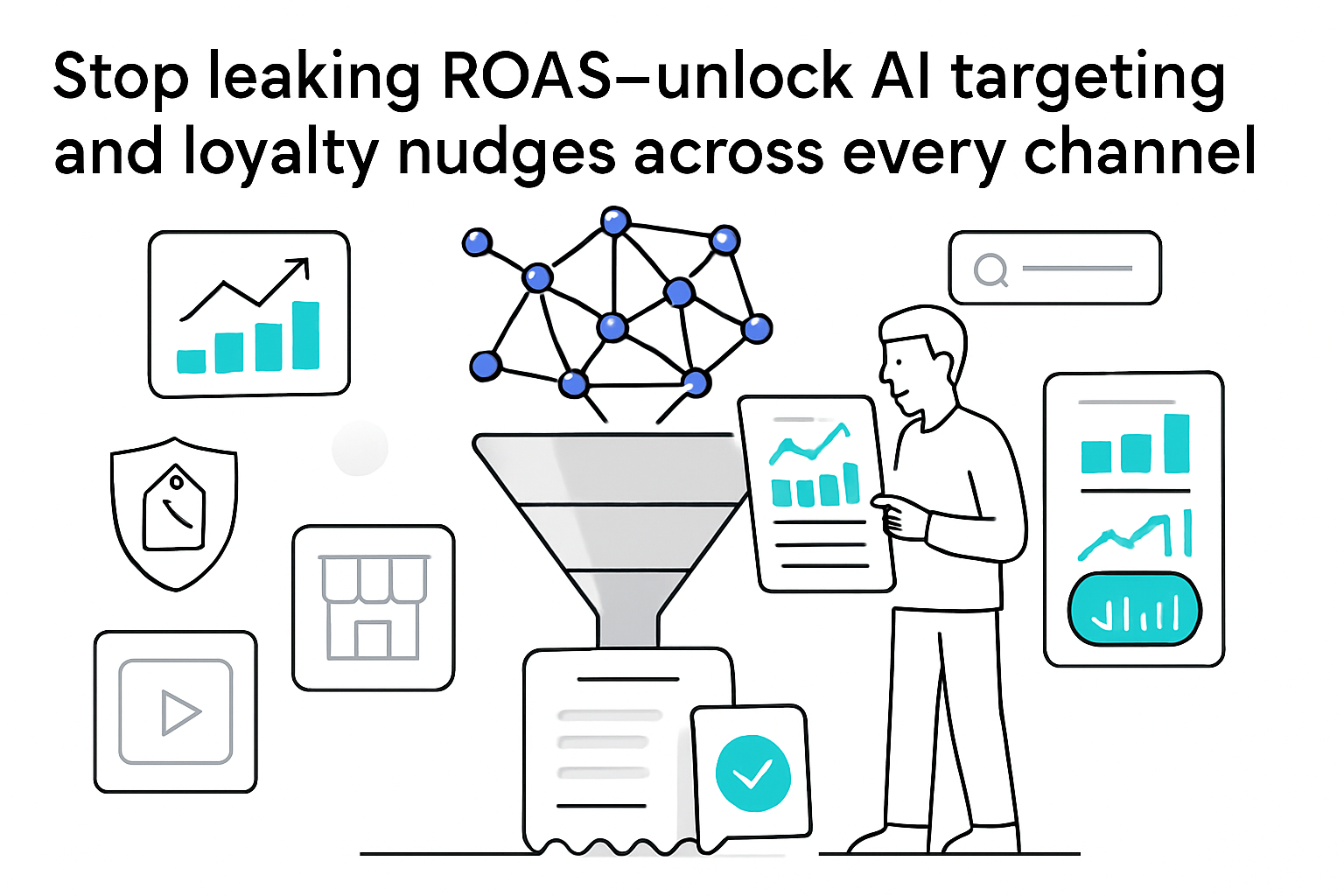 Minimalist AI illustration conversion funnel to shopping cart receipt analytics loyalty ROAS toggle