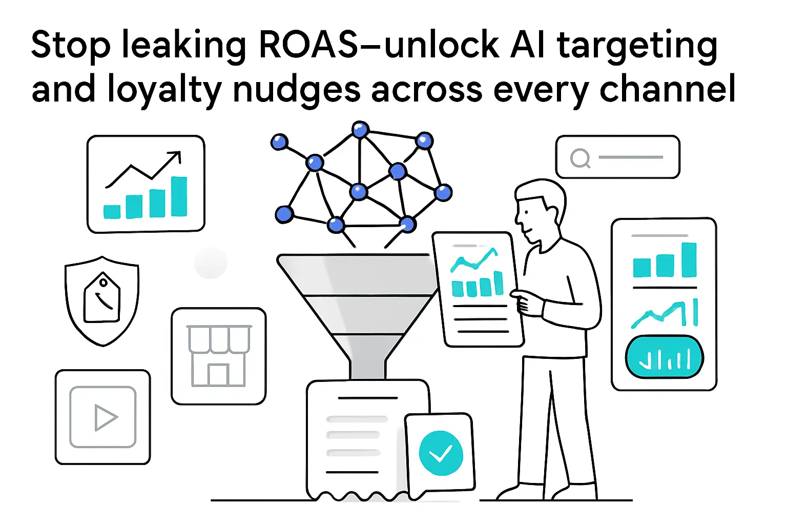 Minimalist AI illustration conversion funnel to shopping cart receipt analytics loyalty ROAS toggle