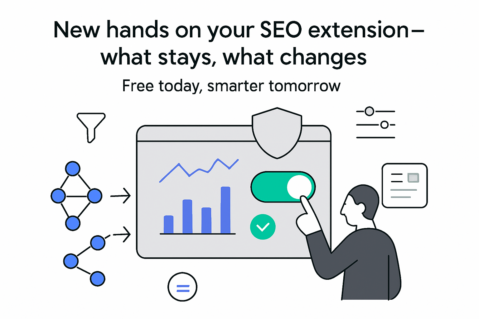 Minimalist tech illustration dashboard merging nodes shield master toggle alert free badge person pointing