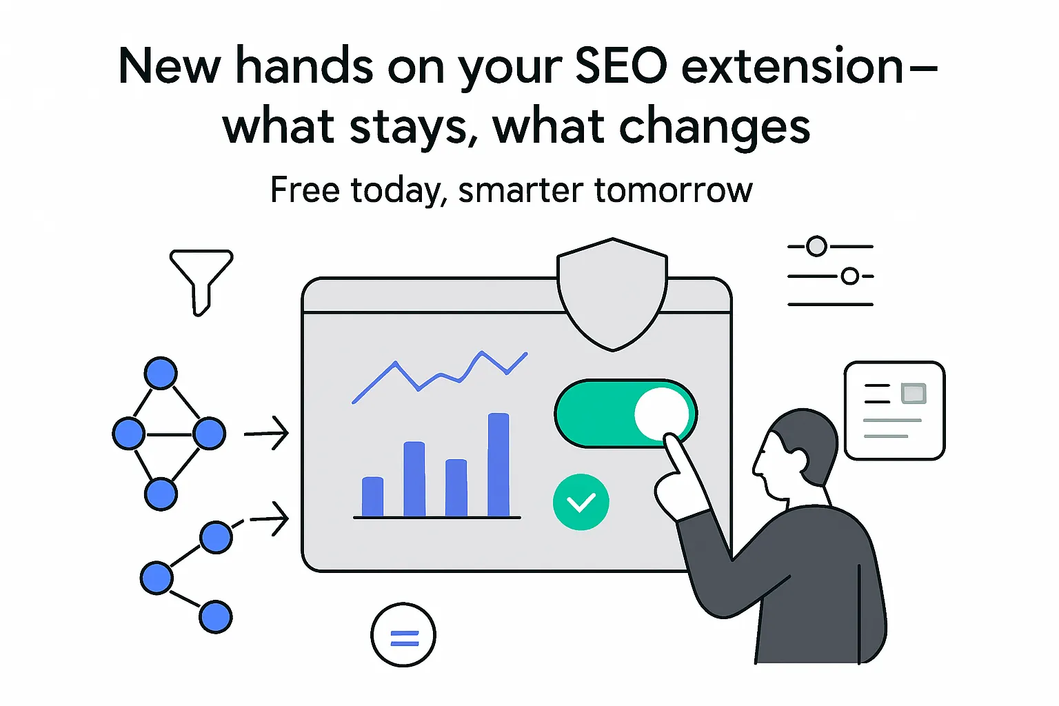 Minimalist tech illustration dashboard merging nodes shield master toggle alert free badge person pointing