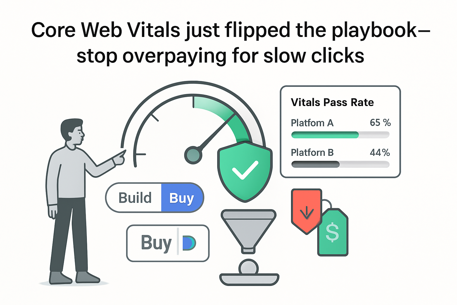 Core Web Vitals speedometer success shield report PPC funnel savings Build Buy toggle person pointing