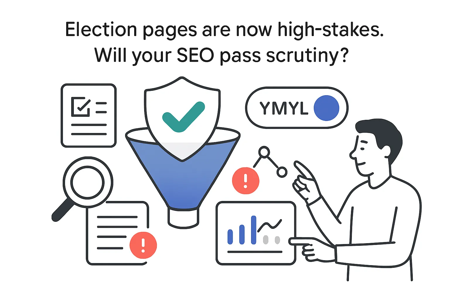 YMYL election SEO illustration with shield checkmark funnel filtering documents into analytics panel