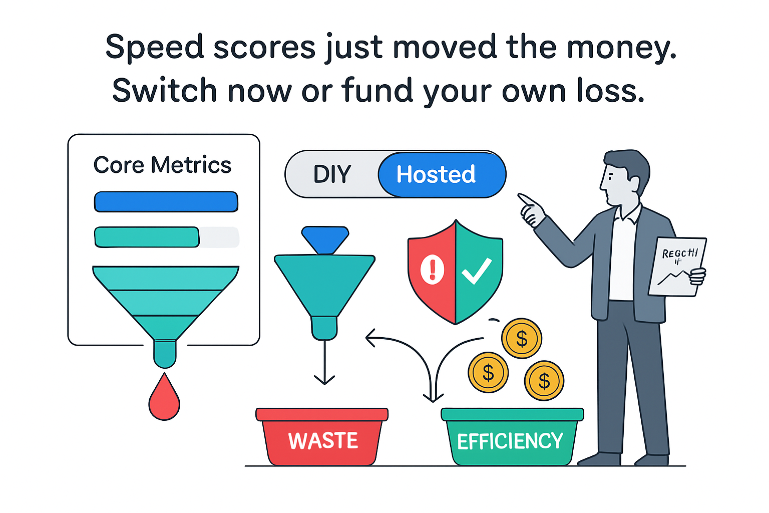 CMS speed hosted versus DIY performance dashboard toggle showing conversion funnel coins shield report