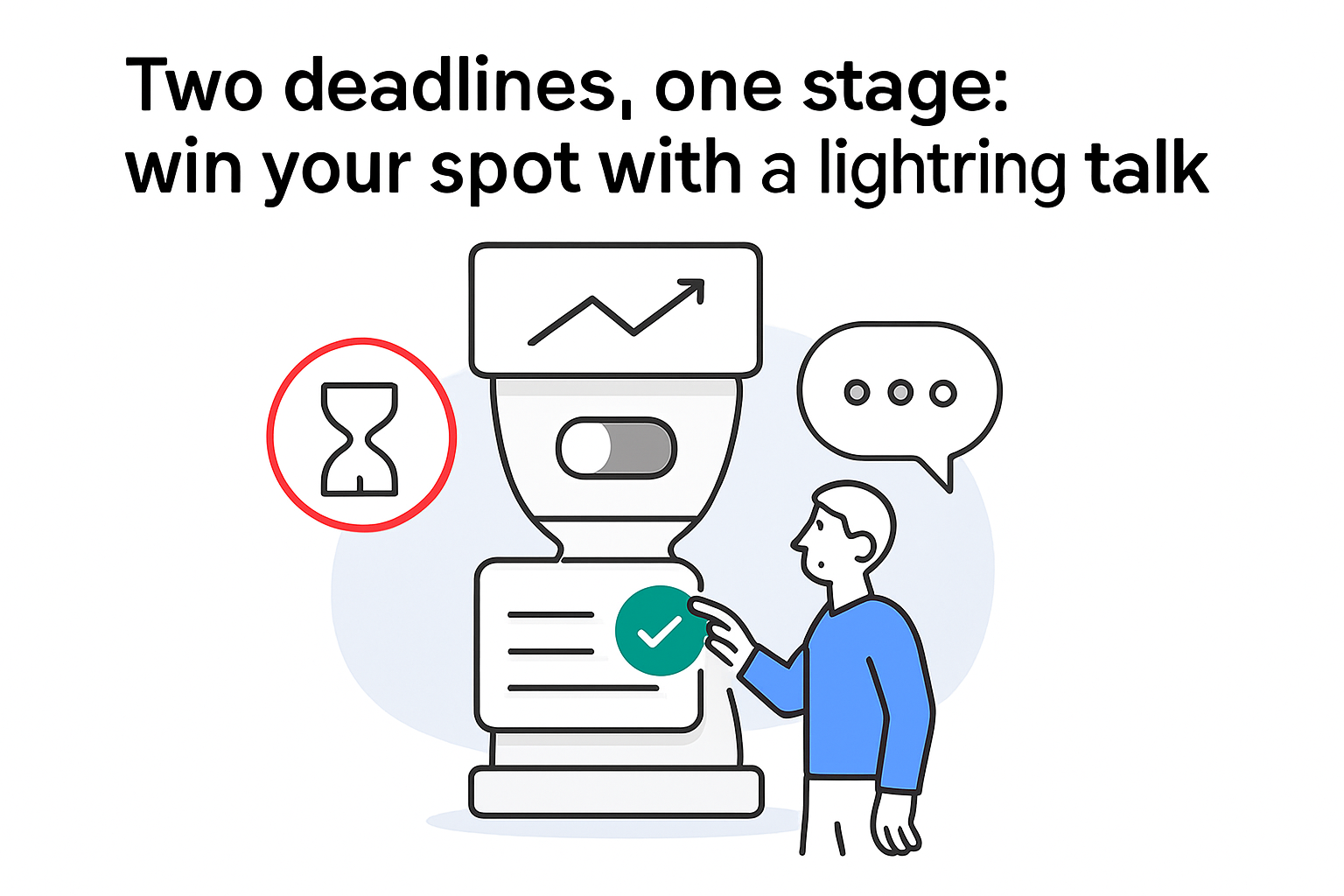 Minimalist tech illustration vertical UI funnel with toggle hourglass deadline and lightning talk