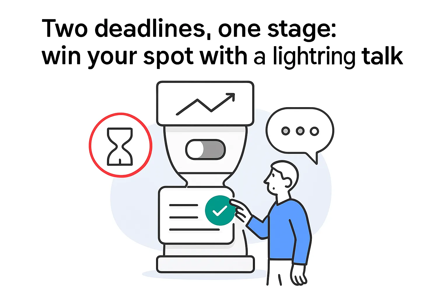 Minimalist tech illustration vertical UI funnel with toggle hourglass deadline and lightning talk