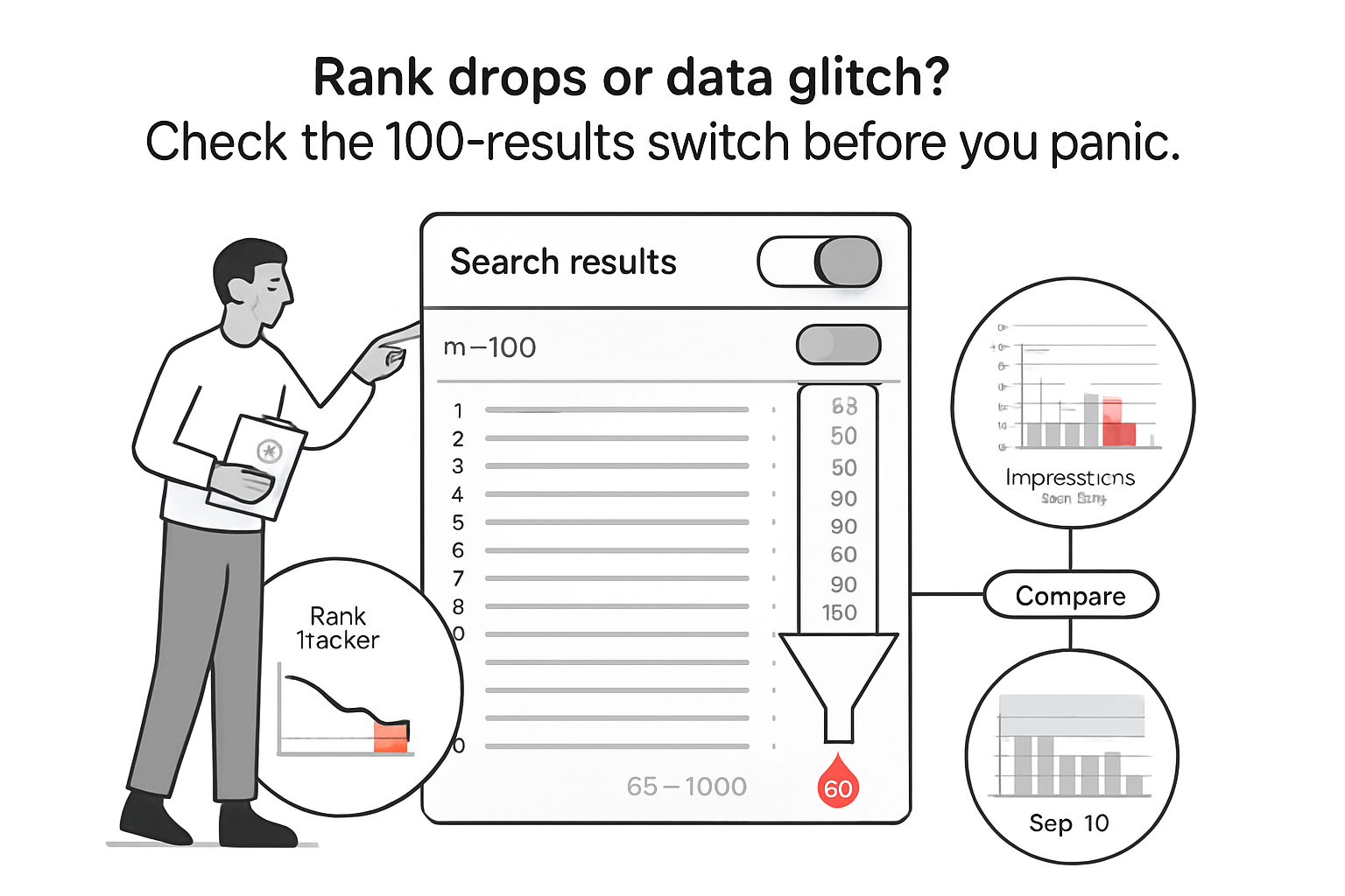 Minimalist tech illustration of 100 results panel with toggle funnel rank tracker impressions person pointing