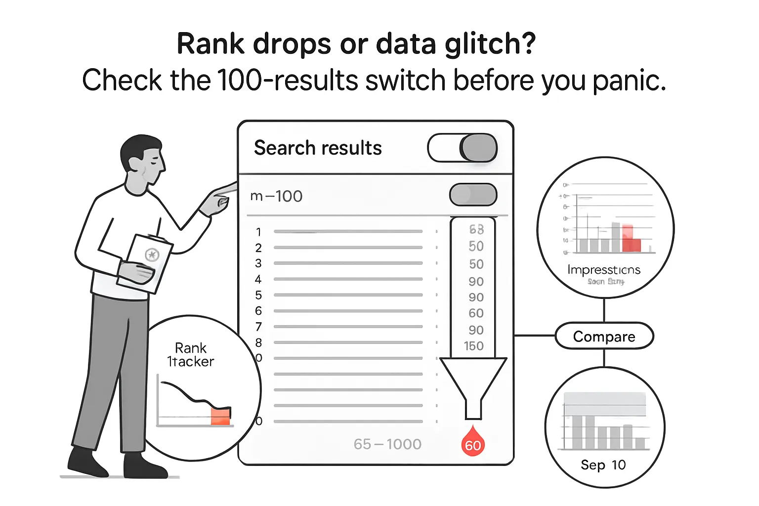 Minimalist tech illustration of 100 results panel with toggle funnel rank tracker impressions person pointing