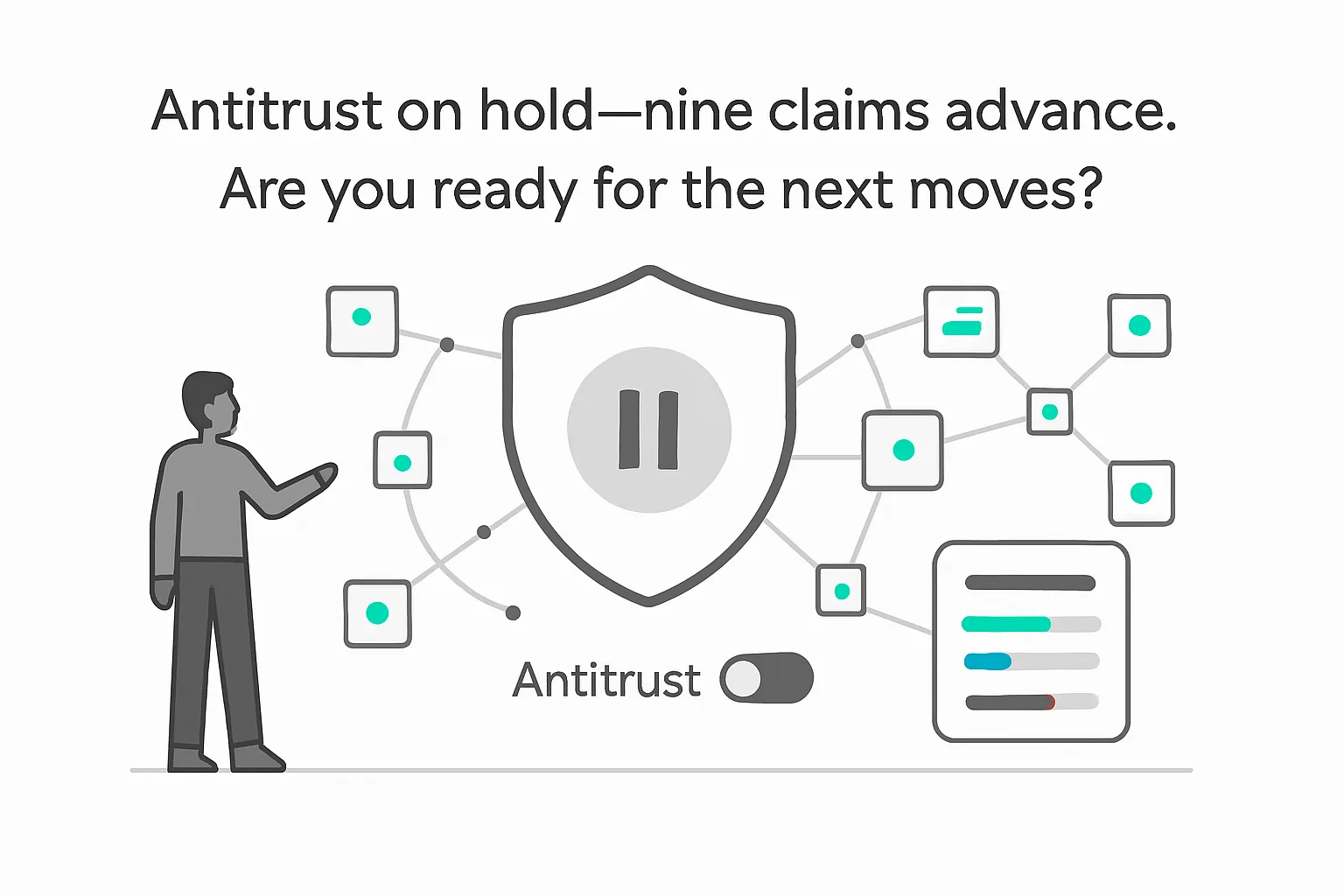Antitrust paused minimalist illustration shield with pause icon toggle off nine active claim nodes