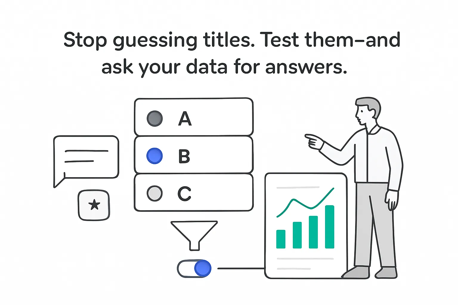 Minimalist tech illustration experiment hub title cards A B C funnel to performance panel CTR