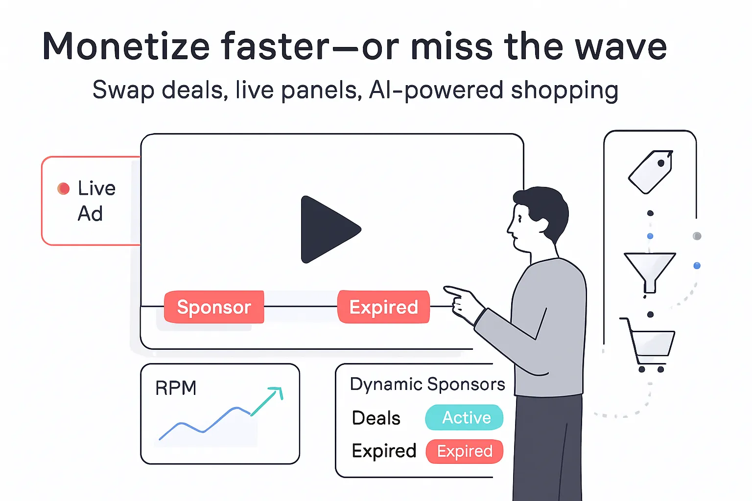 Minimalist tech illustration of video player with sponsor chips dynamic toggle AI shopping funnel RPM