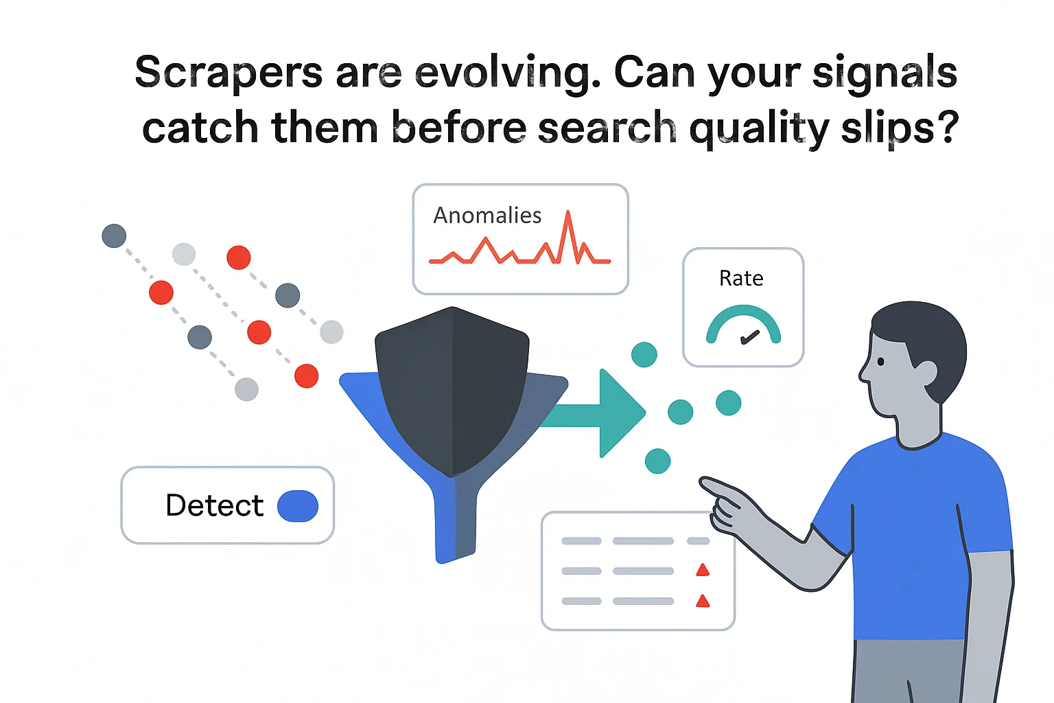 Operator pointing at detect toggle by shield and funnel anomaly chart catching web scraper signals