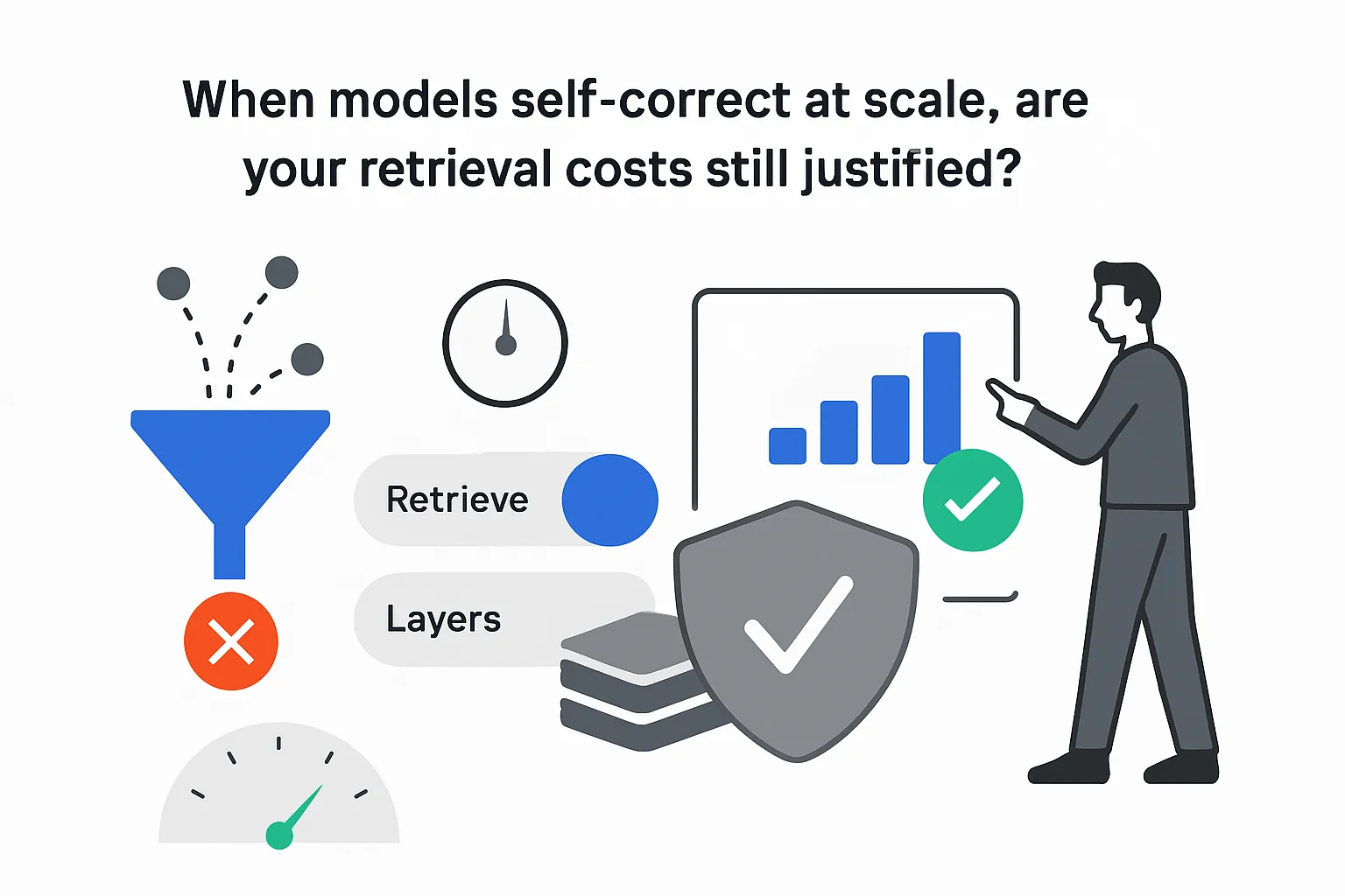 Minimalist tech illustration retrieval funnel layered stack with shield report panel toggle low latency human