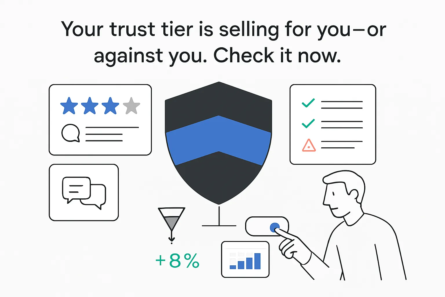 Minimalist trust tier shield with three star rating policy checklist funnel 8 percent growth