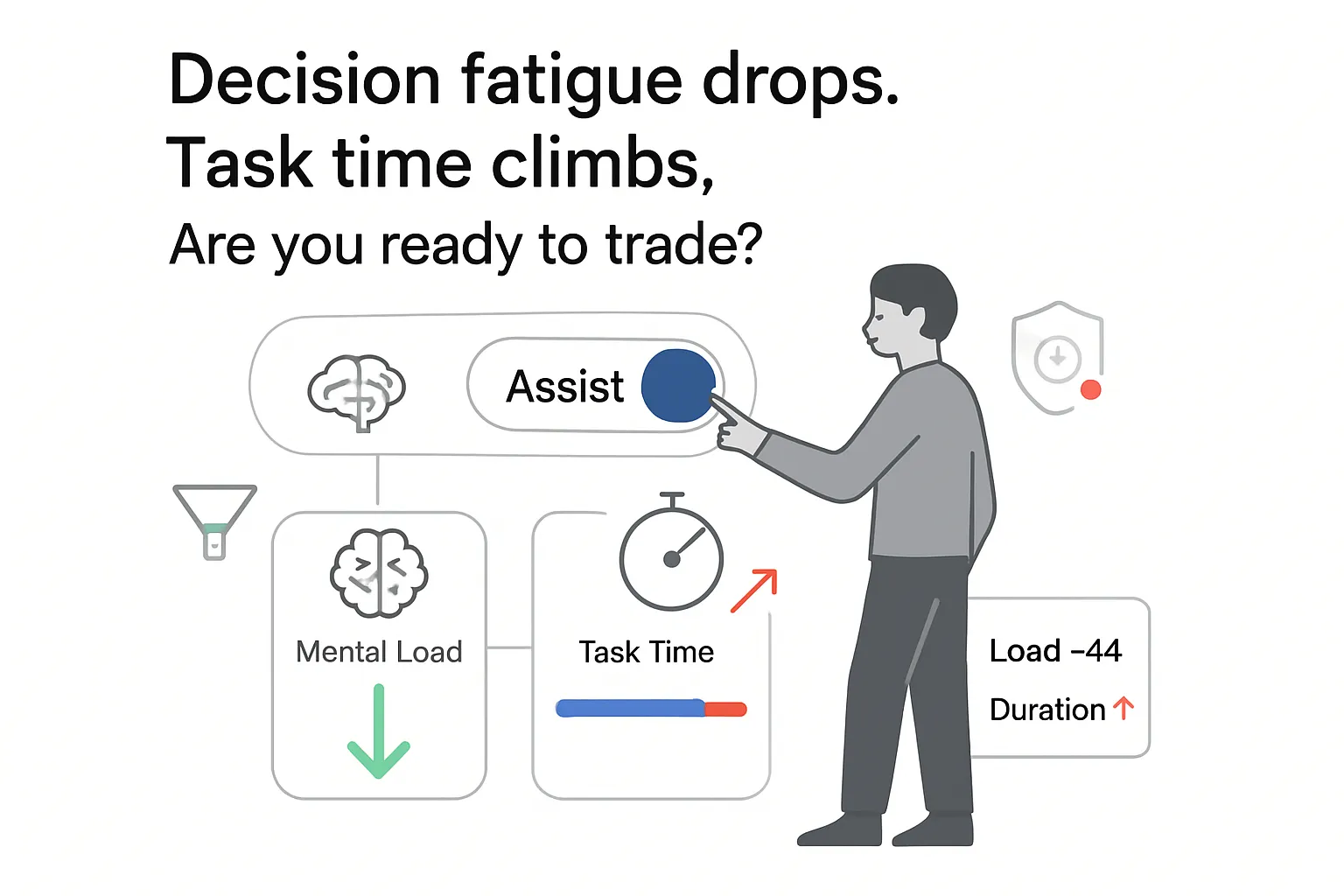 Minimalist tech illustration Assist toggle on reducing mental load increasing task time report card