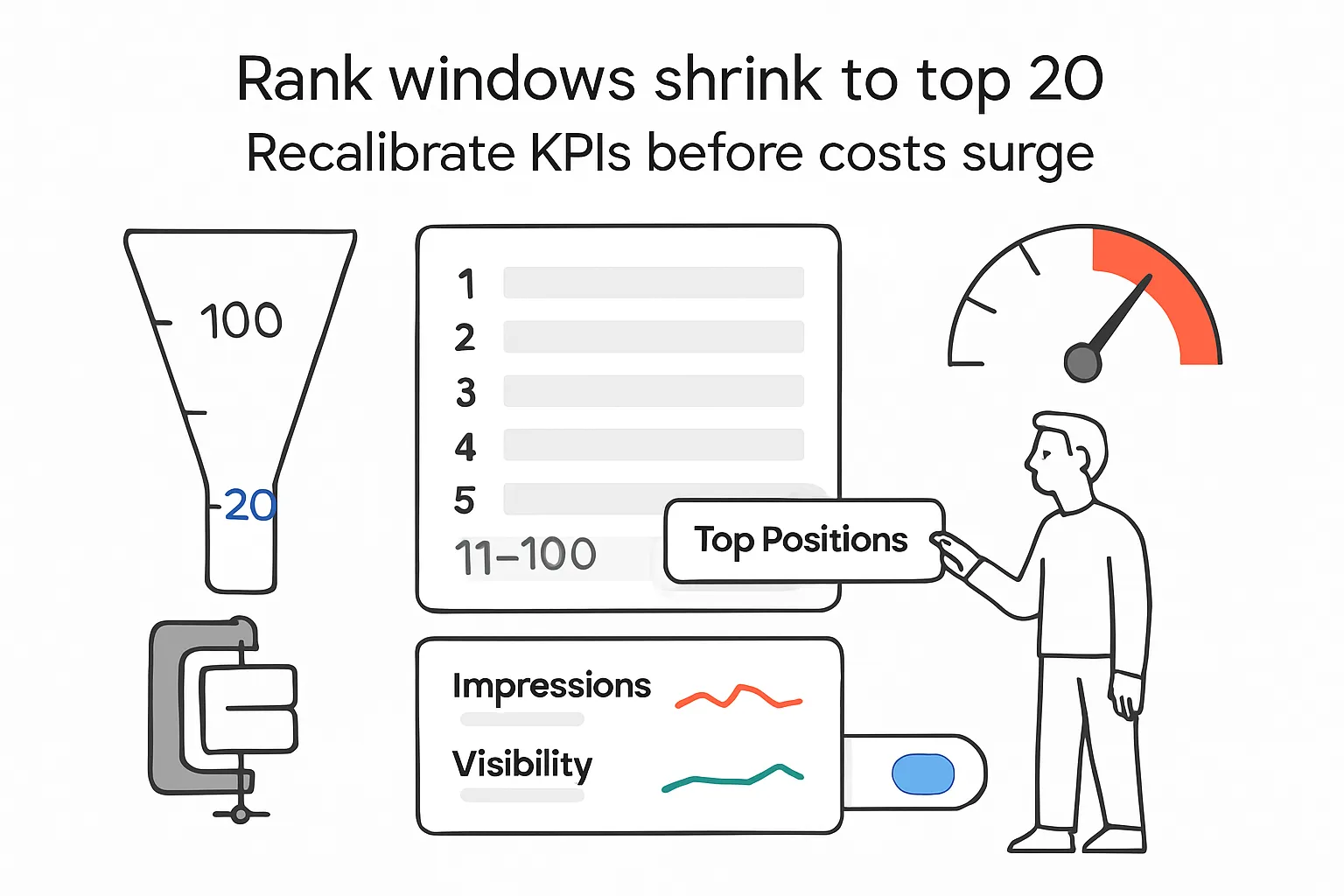 Minimalist tech illustration search results ranks top 20 funnel cost gauge KPI toggle character tapping