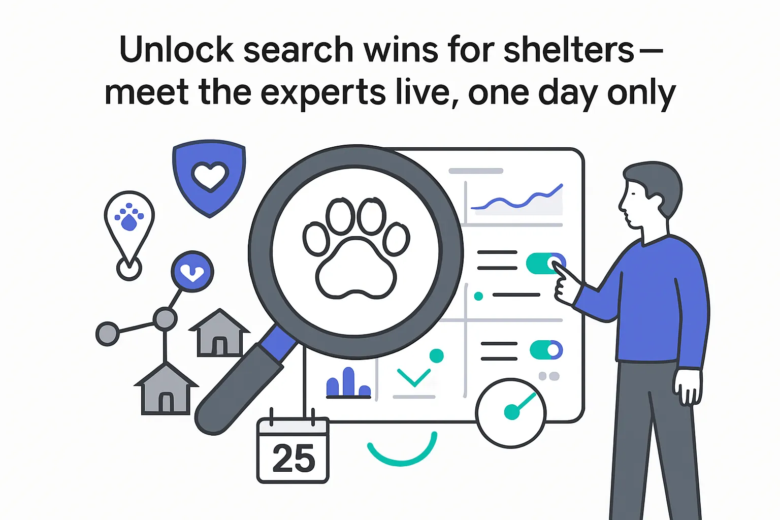 Minimalist illustration of magnifying glass with paw over analytics panel and character reviewing shelter SEO