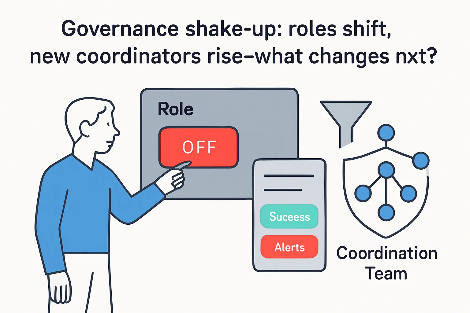 Governance dashboard with red OFF role toggle person pointing shield coordination nodes and report card