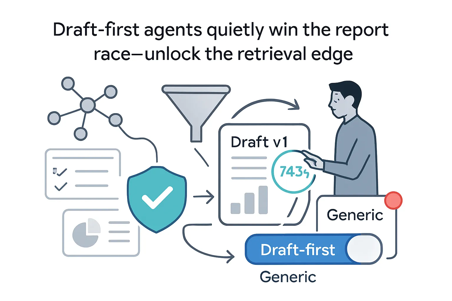 Minimalist retrieval funnel into Draft v1 report loop arrow alert badge person toggling Draft first