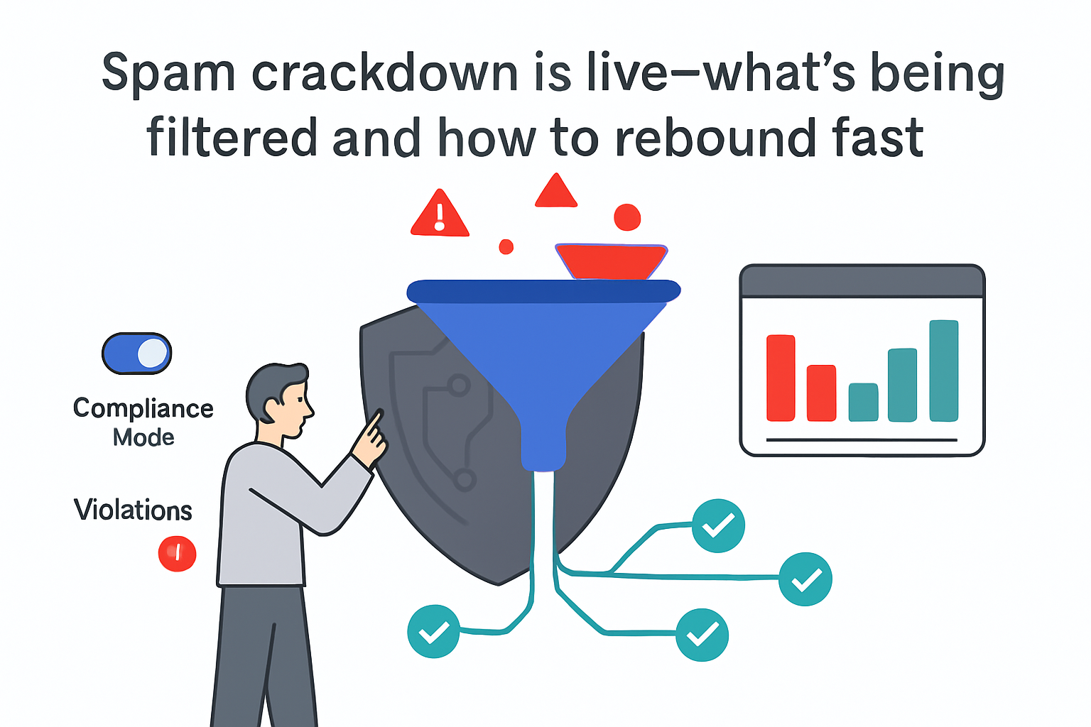 AI shield funnel filtering spam alerts into success checks with compliance toggle and report