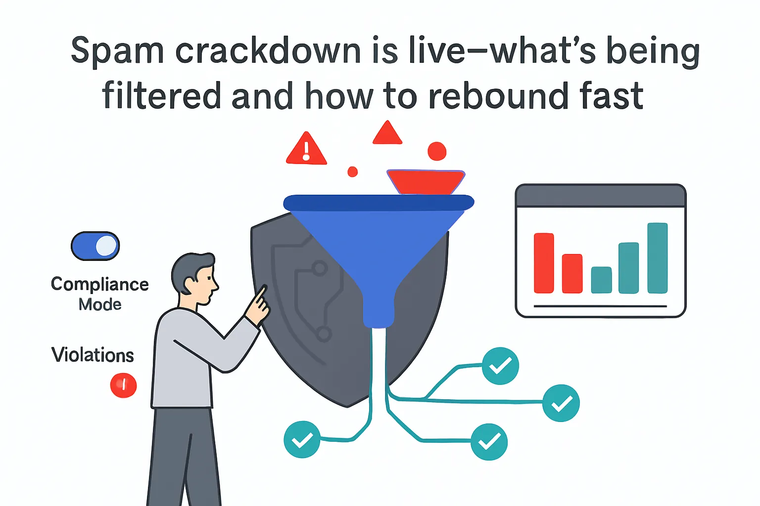AI shield funnel filtering spam alerts into success checks with compliance toggle and report