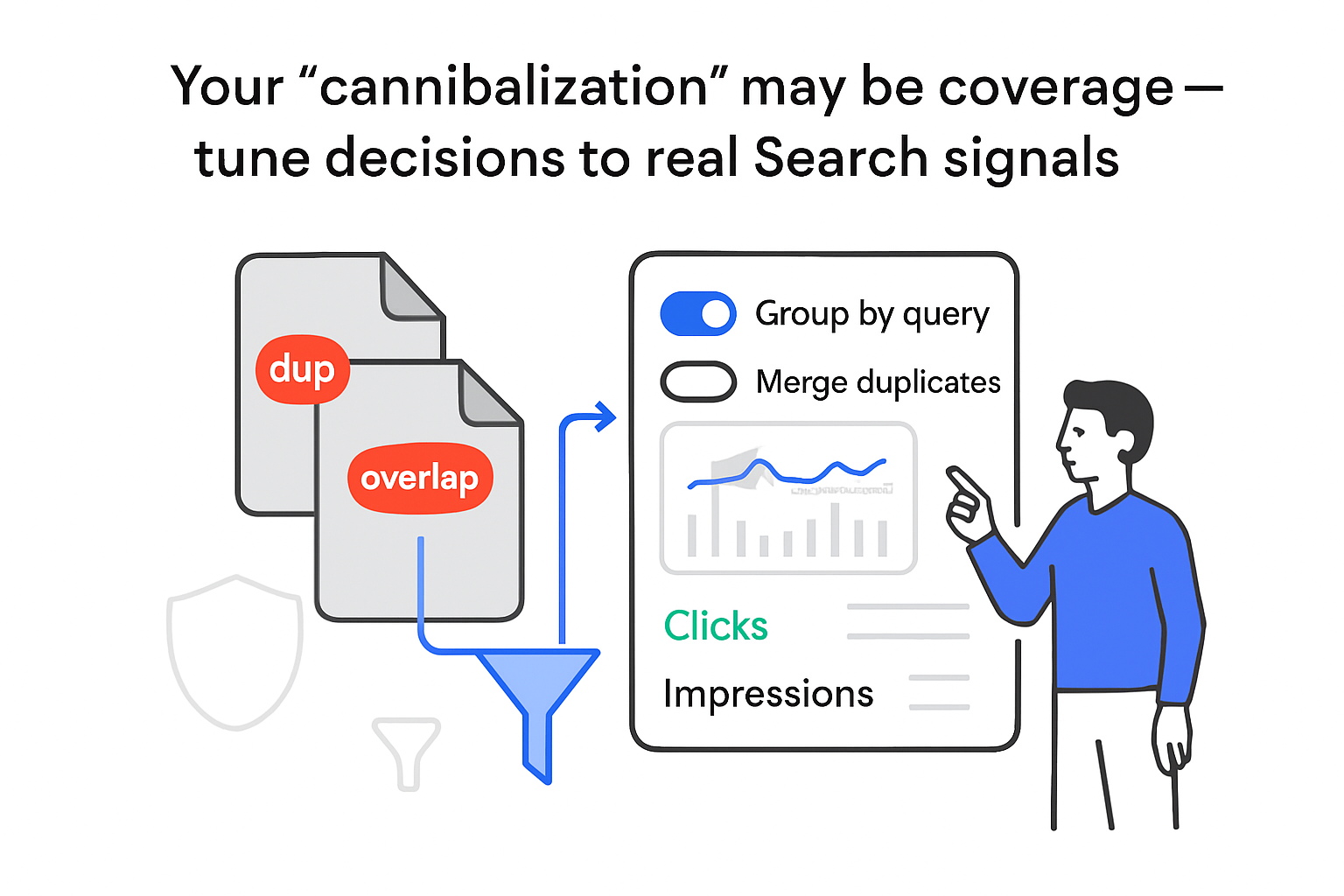 Minimalist tech illustration of overlapping page cards indicating cannibalization funnel into analytics report with toggles