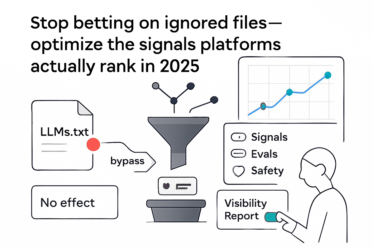 Minimalist funnel illustration routing UI tokens from ignored files to Signals Evals Safety chart 2025