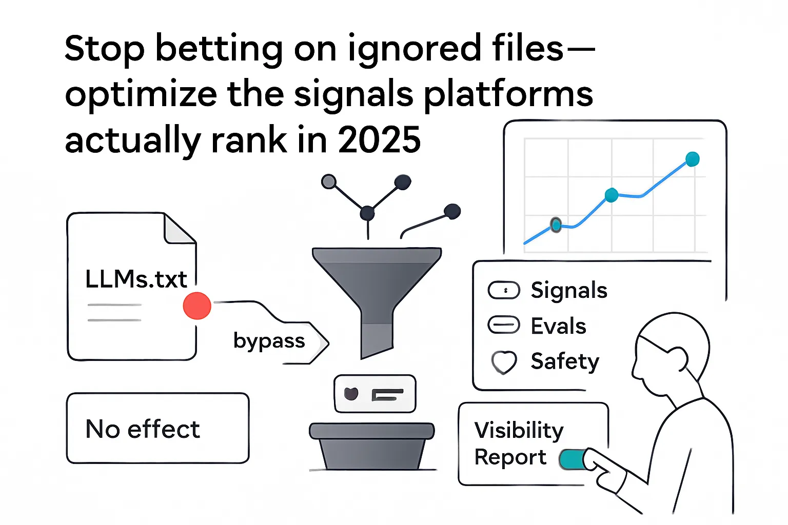 Minimalist funnel illustration routing UI tokens from ignored files to Signals Evals Safety chart 2025