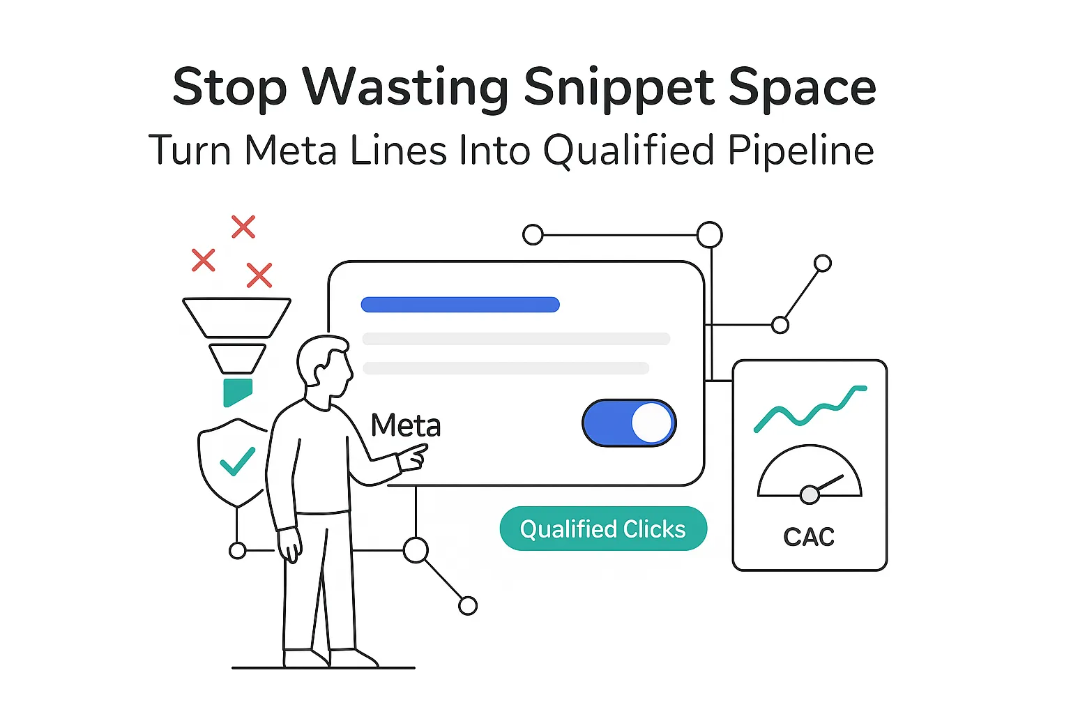 Minimalist SERP snippet with Meta toggle funnel filtering to qualified clicks report and pointing character