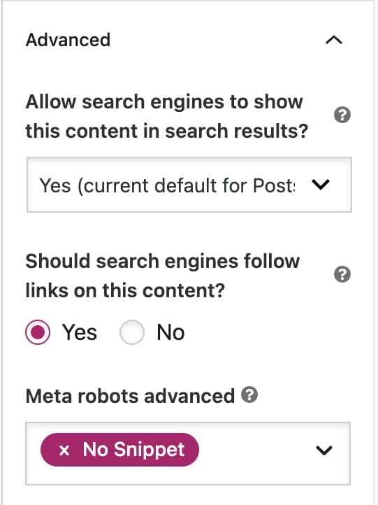 Yoast SEO setting to disable snippets with a no snippet option